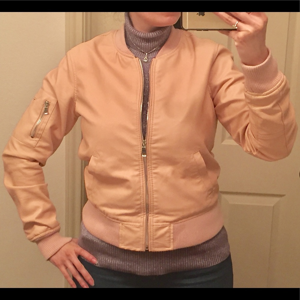Blush faux leather bomber jacket